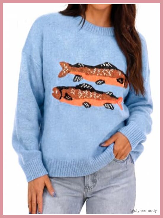 Sweaters - Women's Fish Graphic Sweater Long Sleeve Crew Neck Pullover Casual Knit